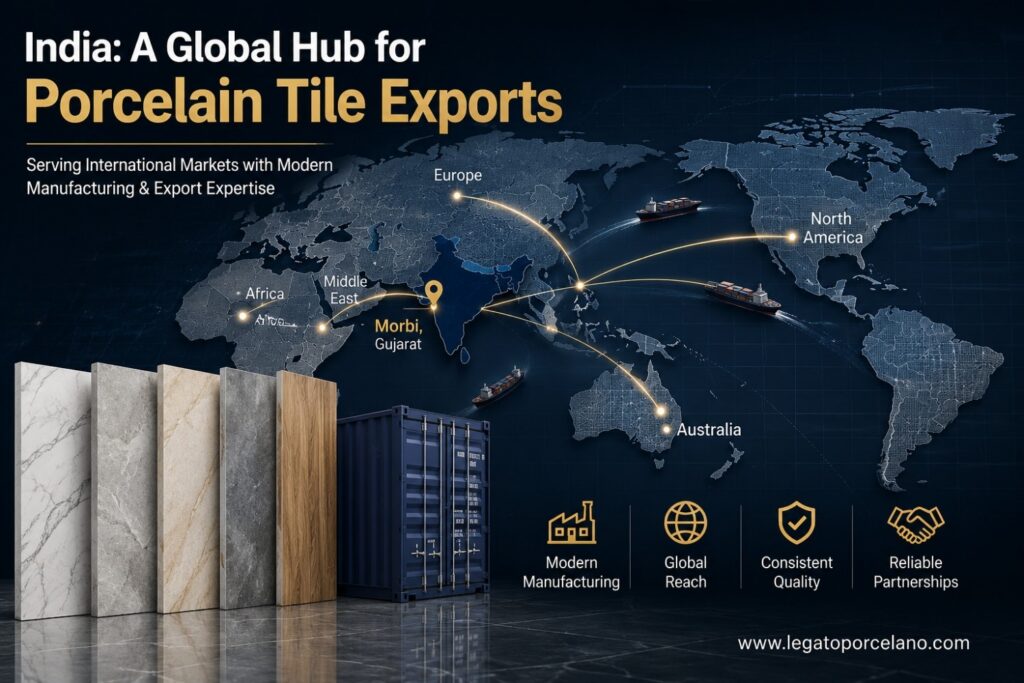 Map showing porcelain tile exports from Morbi, Gujarat, India to Europe, North America, the Middle East, Africa, and Australia for global B2B buyers.