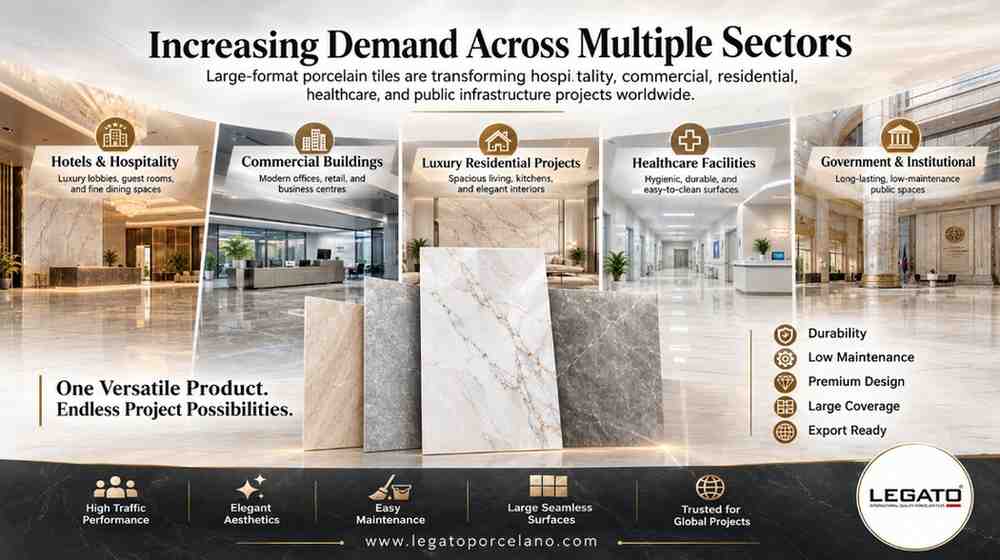 Large-format porcelain tiles used in hotels, luxury residences, shopping malls, hospitals, and commercial buildings across Iraq.