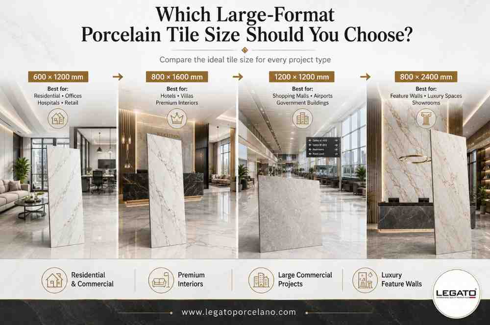 Comparison of 600×1200 mm, 800×1600 mm, 1200×1200 mm, and 800×2400 mm large-format porcelain tile sizes for different project applications.