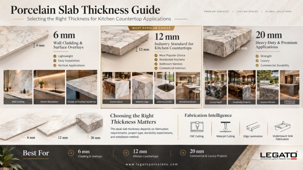 Comparison of porcelain slab thickness options for wall cladding, countertops, and heavy-use surfaces
