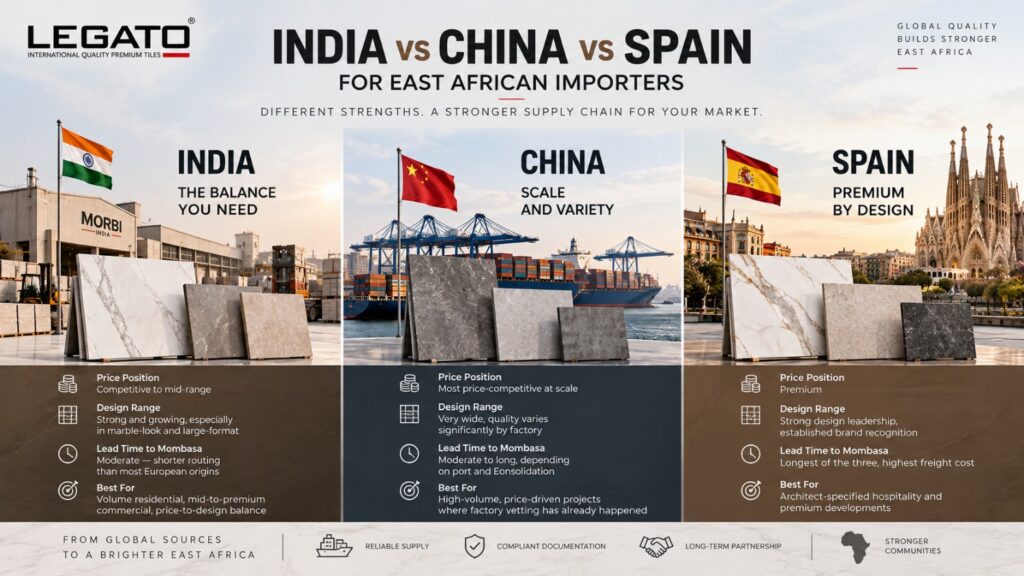 India vs China vs Spain porcelain tile sourcing for East African importers